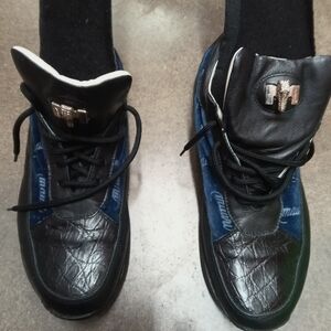 Mauri Black and Blue Leather-Trim Slip-On Sneakers